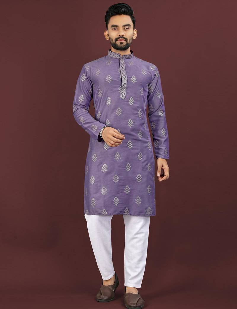 Puple embroidered silk straight kurta