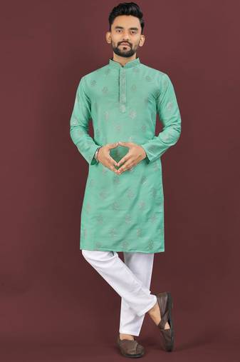 Turquise embroidered silk straight kurta