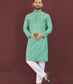 Turquise embroidered silk straight kurta