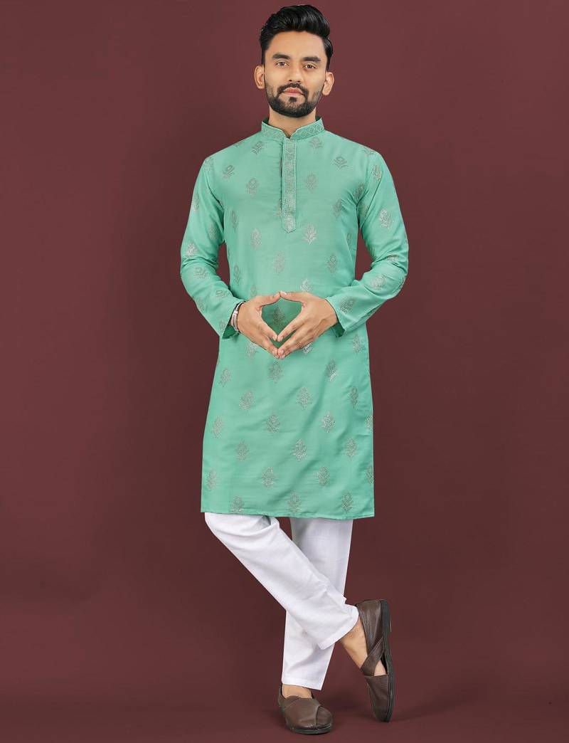 Turquise embroidered silk straight kurta