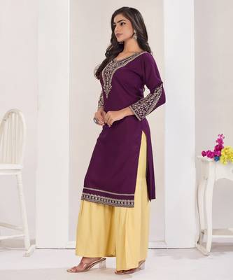 Superior quality rayon fabric wine color embroidery kurta with sharara 4