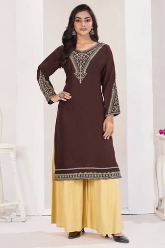 Superior quality rayon fabric coffee color embroidery kurta with sharara