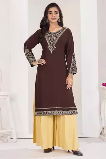 Superior quality rayon fabric coffee color embroidery kurta with sharara