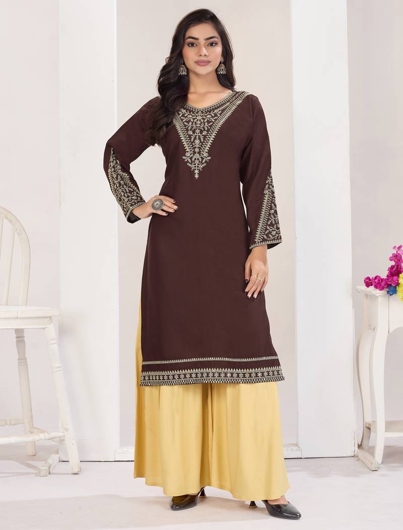 Superior quality rayon fabric coffee color embroidery kurta with sharara