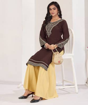 Superior quality rayon fabric coffee color embroidery kurta with sharara 2