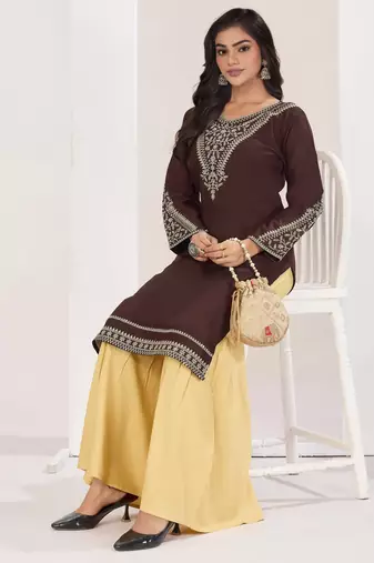 Superior quality rayon fabric coffee color embroidery kurta with sharara