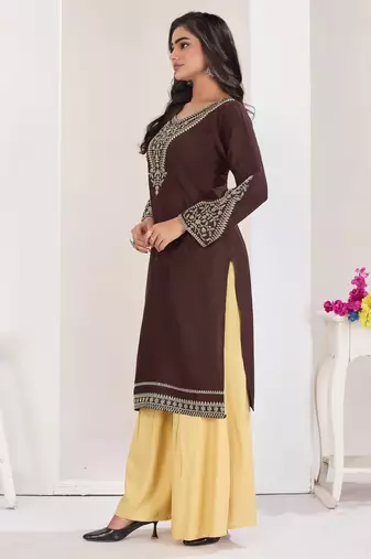 Superior quality rayon fabric coffee color embroidery kurta with sharara