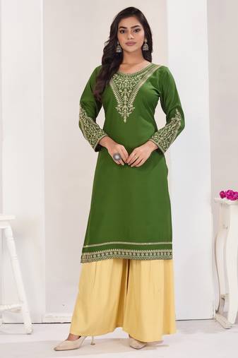 Superior quality rayon fabric light green color embroidery kurta with sharara