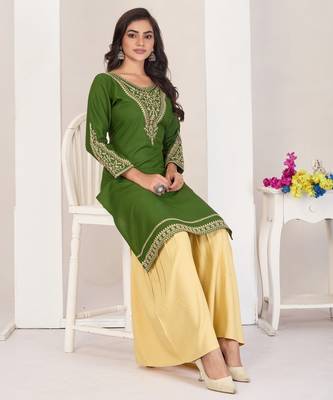 Superior quality rayon fabric light green color embroidery kurta with sharara 2