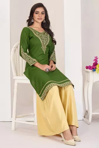 Superior quality rayon fabric light green color embroidery kurta with sharara