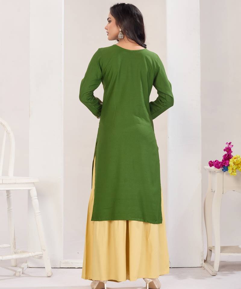 Superior quality rayon fabric light green color embroidery kurta with sharara