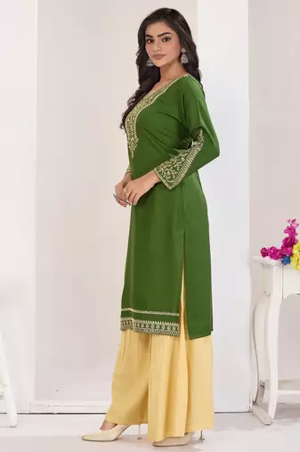 Superior quality rayon fabric light green color embroidery kurta with sharara