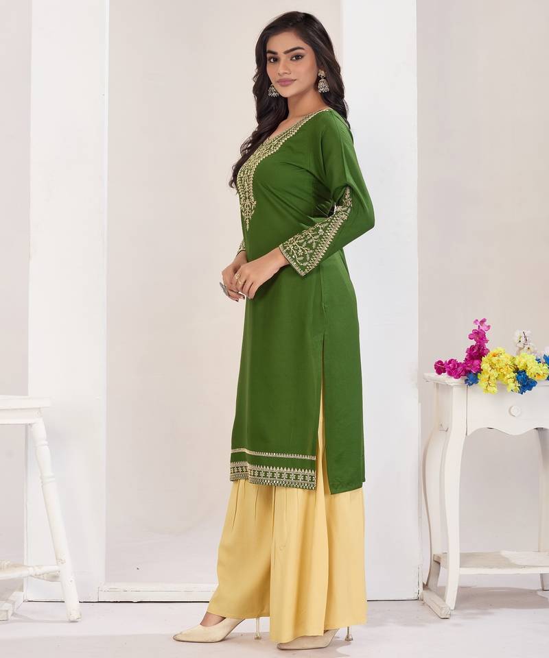Superior quality rayon fabric light green color embroidery kurta with sharara