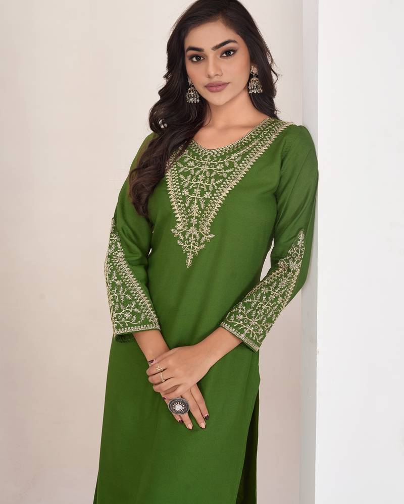 Superior quality rayon fabric light green color embroidery kurta with sharara