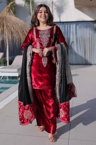 Velvet zari embroidered kurta with palazzo and heavy dupatta