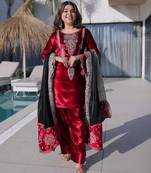 Velvet zari embroidered kurta with palazzo and heavy dupatta