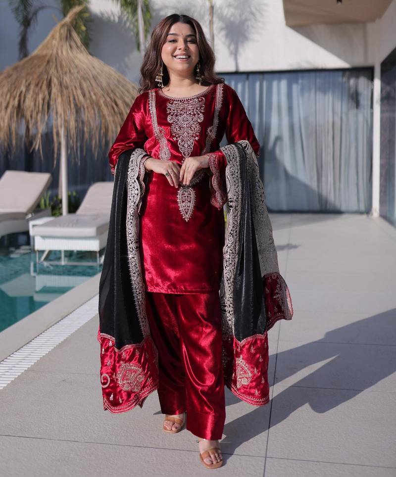 Velvet zari embroidered kurta with palazzo and heavy dupatta