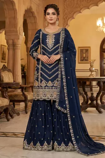 DESIGNER FANCY CHINON FABRIC READYMADE BLUE SHARARA SALWAR SUIT COLLECTION 
