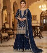 DESIGNER FANCY CHINON FABRIC READYMADE BLUE SHARARA SALWAR SUIT COLLECTION 