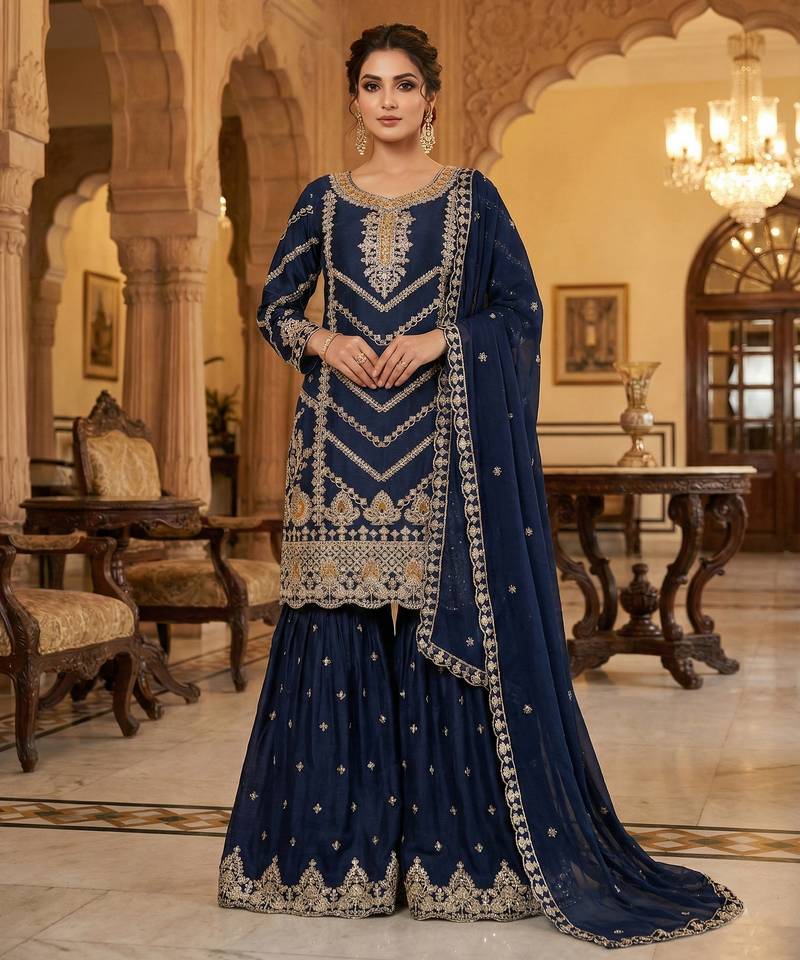 DESIGNER FANCY CHINON FABRIC READYMADE BLUE SHARARA SALWAR SUIT COLLECTION 