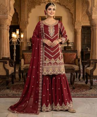 Maroon CHINON embroidered Sharara SUIT 1