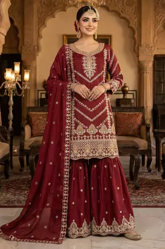 Maroon CHINON embroidered Sharara SUIT