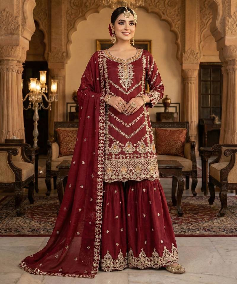 Maroon CHINON embroidered Sharara SUIT