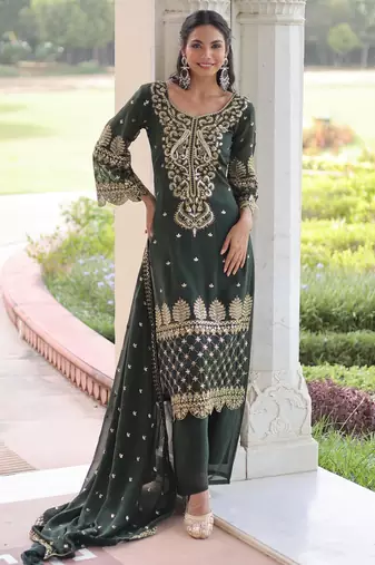 Green georgette embroidered kurta with pant and heavy dupatta