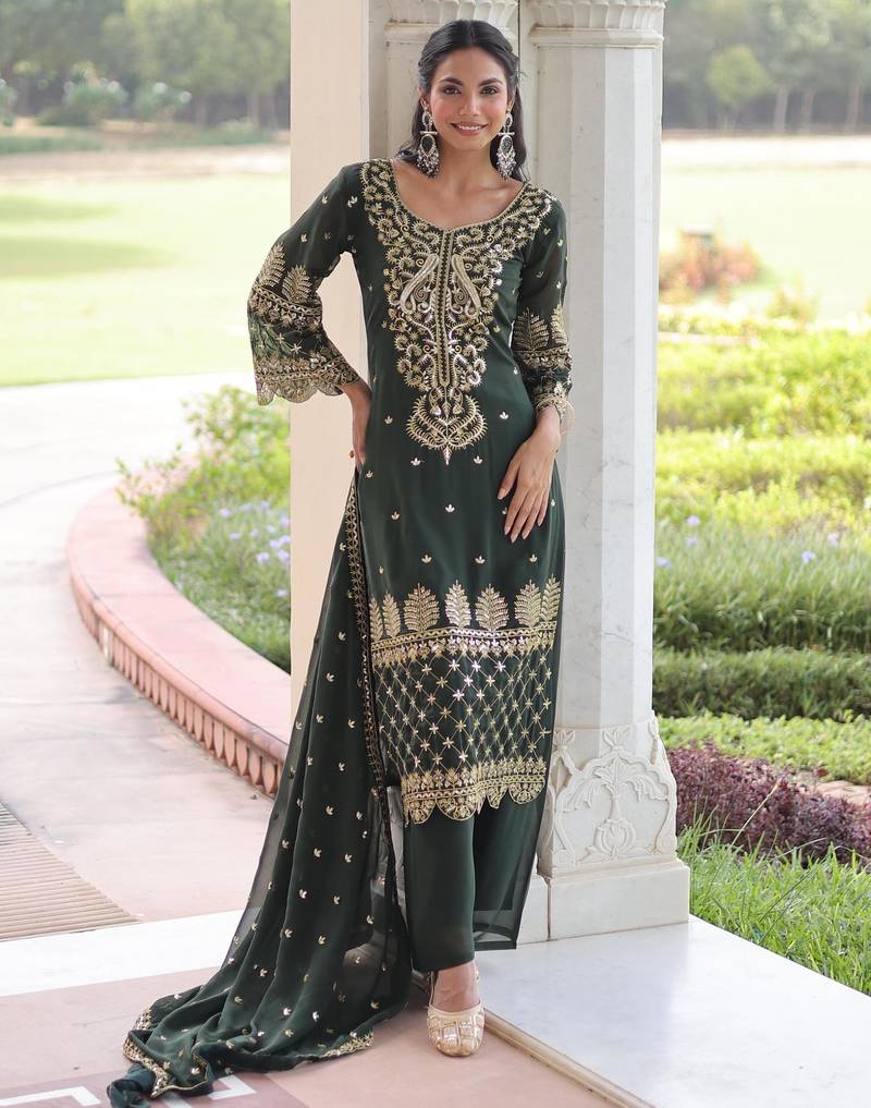 Green georgette embroidered kurta with pant and heavy dupatta