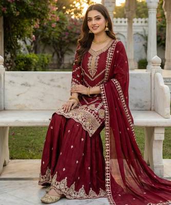 Maroon CHINON embroidered Sharara SUIT 3
