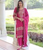 Magenta georgette embroidered kurta with pant and heavy dupatta