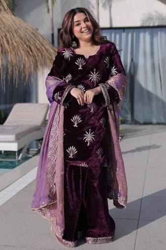 Wine velvet zari embroidered kurta with palazzo and heavy dupatta