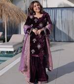 Wine velvet zari embroidered kurta with palazzo and heavy dupatta