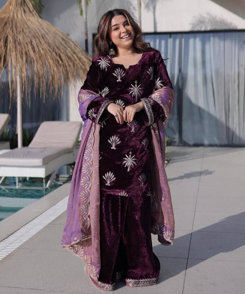 Wine velvet zari embroidered kurta with palazzo and heavy dupatta
