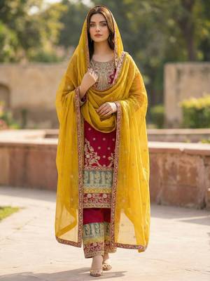 MAROON embroidered  SHARARA SALWAR SUIT- Full Stitched free size 1