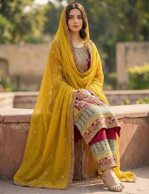 MAROON embroidered  SHARARA SALWAR SUIT- Full Stitched free size 2