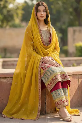 MAROON embroidered  SHARARA SALWAR SUIT- Full Stitched free size