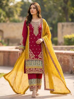 MAROON embroidered  SHARARA SALWAR SUIT- Full Stitched free size 3