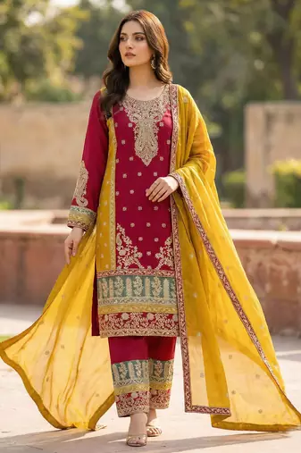 MAROON embroidered  SHARARA SALWAR SUIT- Full Stitched free size