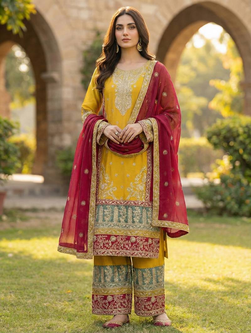 Yellow CHINON embroidered Sharara SUIT
