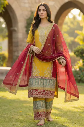 Yellow CHINON embroidered Sharara SUIT