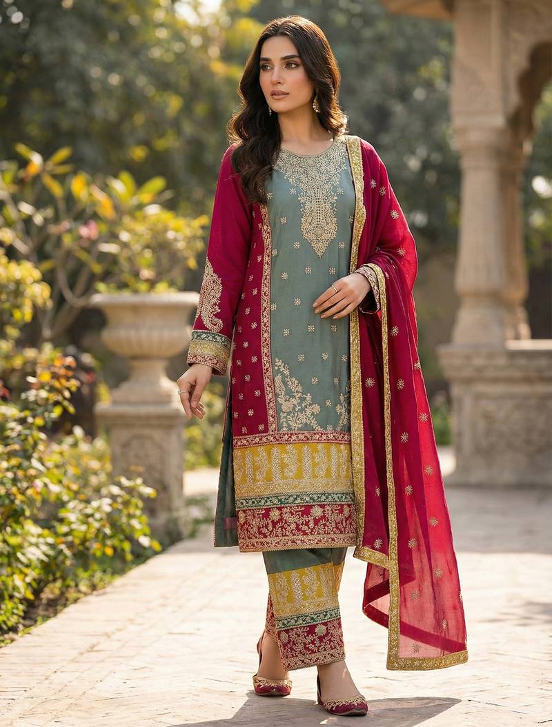 GREEN CHINON embroidered Sharara SUIT