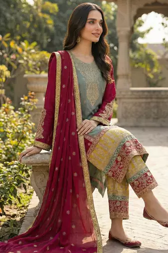 GREEN CHINON embroidered Sharara SUIT