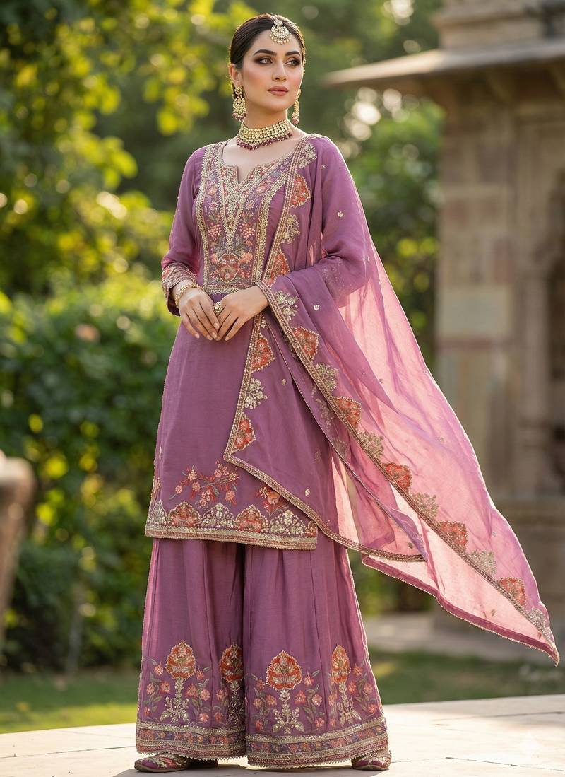 PINK embroidered SHARARA Palazzo SUIT