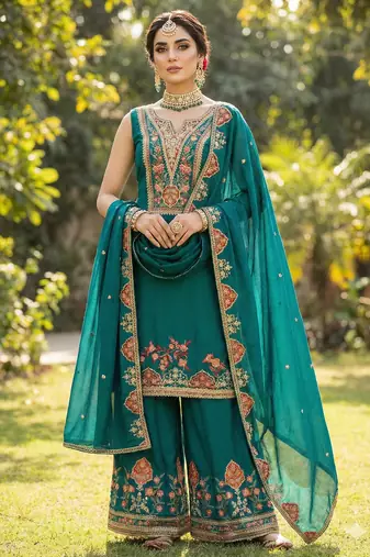 Teal CHINON embroidered Sharara SUIT