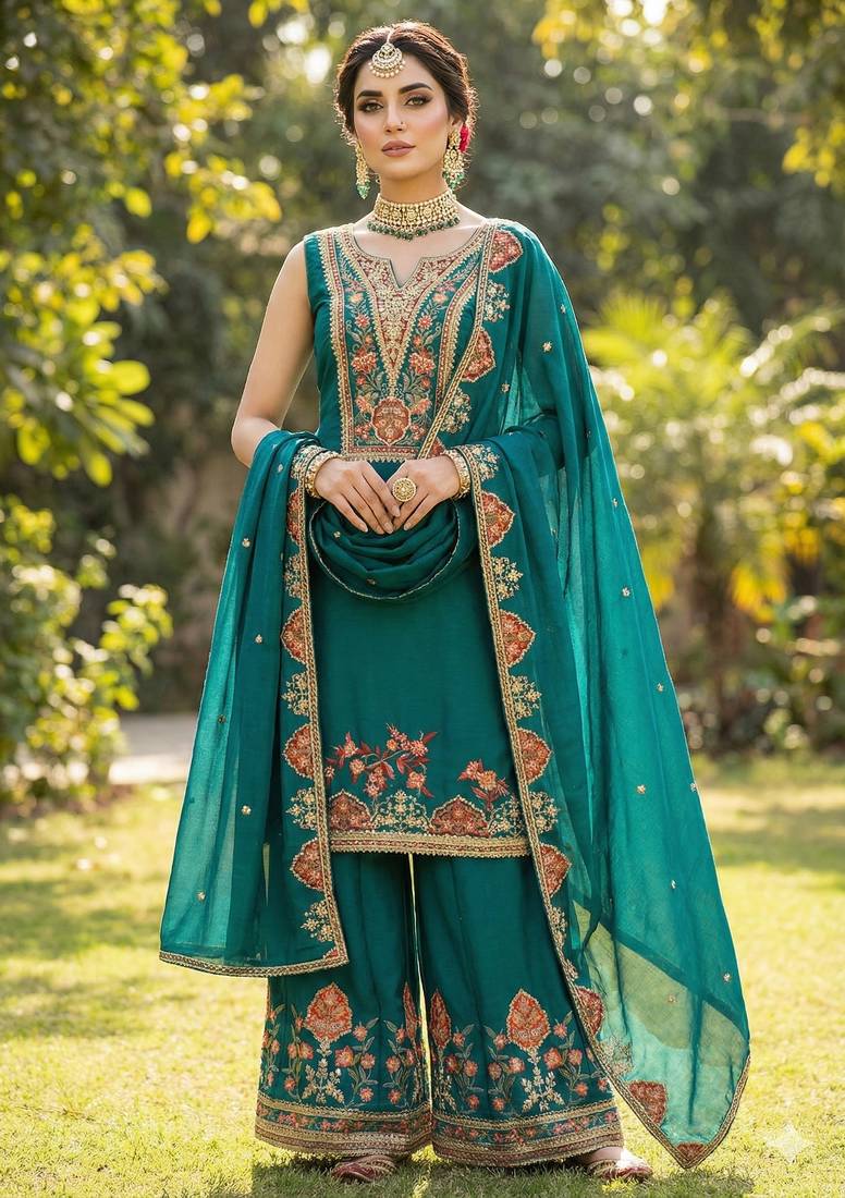 Teal CHINON embroidered Sharara SUIT