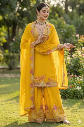 Yellow CHINON embroidered Sharara SUIT