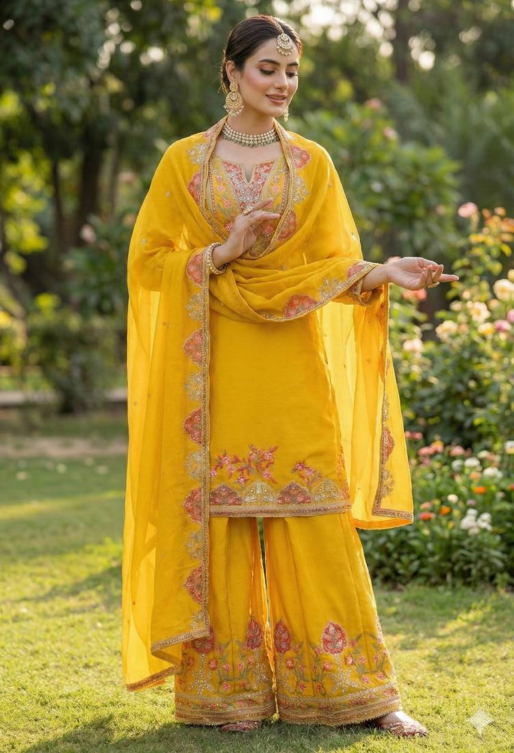 Yellow CHINON embroidered Sharara SUIT