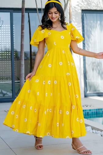 Yellow cotton embroidered dress