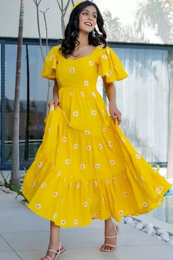 Yellow cotton embroidered dress